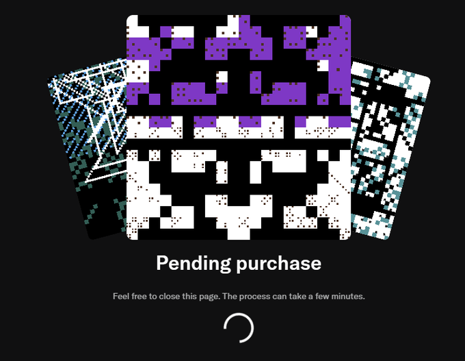 A digital illustration of three overlapping cards with pixelated and circuit-like patterns, labeled 'Pending purchase' with a loading spinner.
