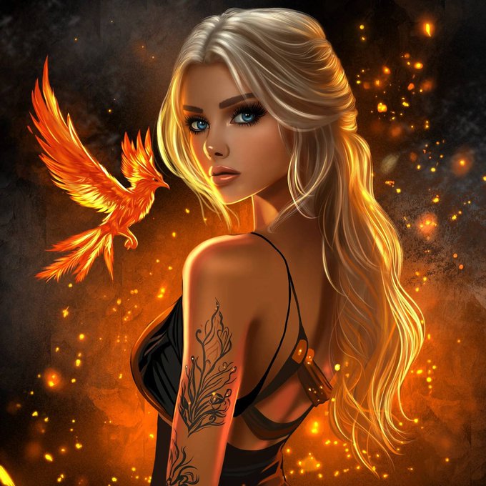 A digital fantasy illustration of a blonde woman with blue eyes, featuring tattoos on her arm, accompanied by a fiery phoenix against an ember-filled background.