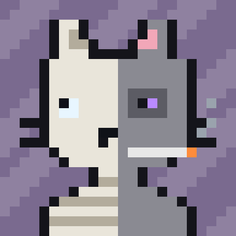 A pixel art portrait of a two-toned gray and white cat with a pink ear, set against a purple background.