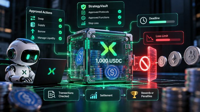 A 3D digital illustration showing a small white robot with green eyes working on a laptop, surrounded by a glowing green holographic 'StrategyVault' displaying 'Approved Actions' (Swap, Supply, Borrow, Manage Liquidity), '1,000 USDC', and progress indicators for Deadline, Loss Limit, Transactions Checked, Settlement, and Rewards or Penalties.