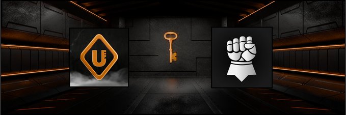 A dark, metallic-looking graphic or video game interface showing three panels: the Unreal Engine logo (a 'U' in a diamond), a golden key, and a white clenched fist on a dark background with orange accents.