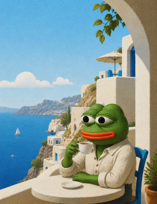 A digitally rendered image of Pepe the Frog wearing a white shirt, holding a cup of coffee at a table overlooking a Mediterranean-style coastal village.