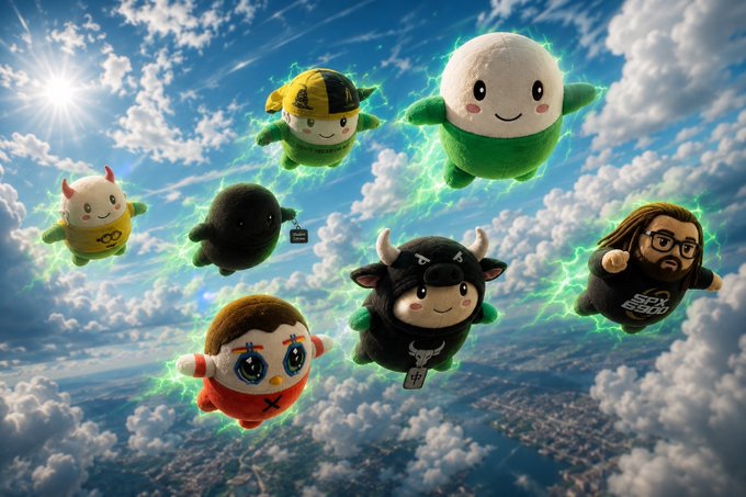 Seven plush mascot characters soar through a cloudy sky above a cityscape, trailing green energy, with one wearing a "SPX 5000" shirt—symbolizing collective growth and upward momentum that echoes the "higher. together." message.