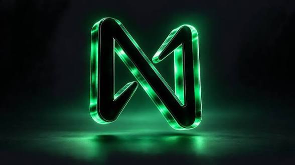A glowing green 3D infinity-like logo or symbol on a dark background.