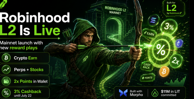Robinhood L2 Mainnet promotional image featuring a hooded archer aiming a bow, highlighting features like "Crypto Earn," "Perps + Stocks," "2x Points in Wallet," and "3% Cashback until July 27," with branding noting it was built with Morpho and includes $11M in $LIT committed.
