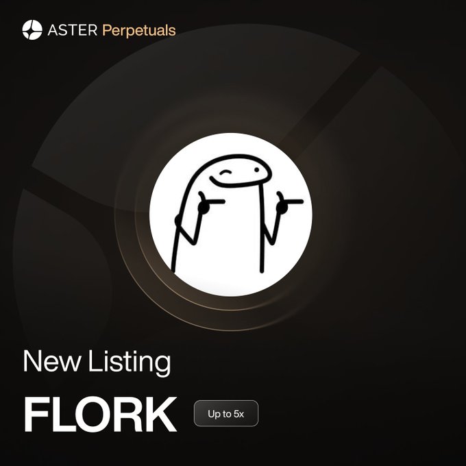 A promotional graphic for ASTER Perpetuals announces a new listing of FLORK with up to 5x leverage, featuring a stick-figure mascot on a glowing dark background. The image illustrates the post's announcement that $ASTER has opened a 5x $FLORK perpetuals market for traders, visually highlighting the new trading opportunity and its associated leverage risk.