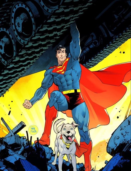 A muscular Superman stands triumphantly amid rubble alongside his dog Krypto, holding up the underside of a massive tank with one arm. The bold, heroic pose visually reinforces the post's "HODLing through the bear market" message—portraying Superman as an unshakeable holder standing strong even amid destruction.