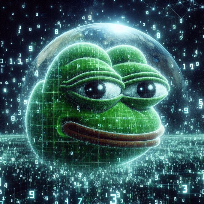 Pepe the Frog digital art surrounded by floating binary numbers and digital matrix code.