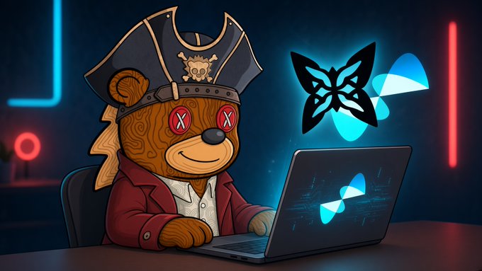 An illustrated teddy bear dressed as a pirate with X-shaped eyes and a tricorn hat sits at a laptop displaying a blue butterfly logo, with a black butterfly emblem floating nearby.