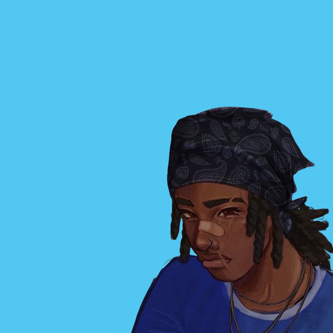 A digital illustration of a person wearing a black paisley bandana and blue shirt against a bright blue background.