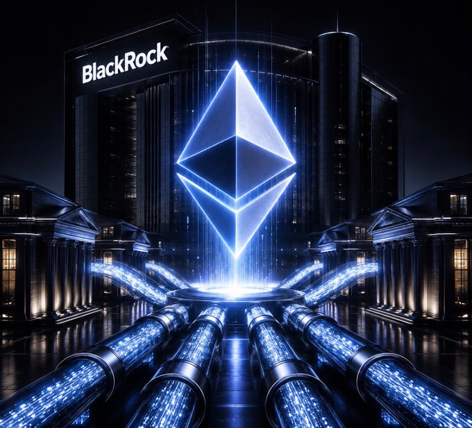 The image features a glowing Ethereum (ETH) logo prominently displayed in front of a building marked "BlackRock," with luminous digital data streams flowing from beneath the symbol—visually representing the $130.22 million Ethereum purchase by BlackRock clients and highlighting the accelerating wave of institutional demand for the asset.
