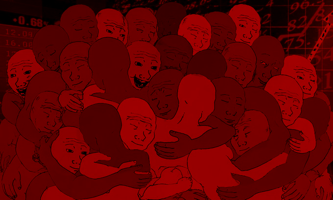 An illustration of numerous faceless red figures embracing in a group hug against a dark background featuring stock market price tickers and a rising graph.