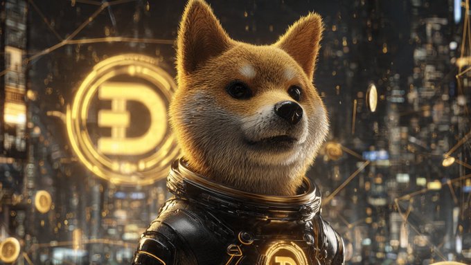 A photorealistic Shiba Inu dog wearing an astronaut-style spacesuit, set against a futuristic cityscape background featuring a glowing golden Dogecoin logo. The image illustrates the post's "Hello doge" greeting by personifying the iconic Dogecoin mascot in a sci-fi setting.