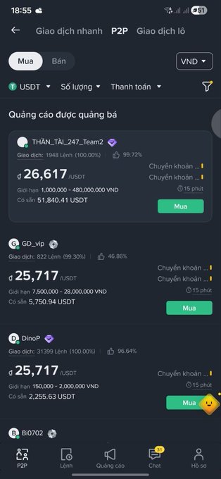 A Vietnamese-language mobile app screenshot showing a P2P cryptocurrency trading interface with USDT buy listings priced at around 25,717-26,611 USDT, including trader names like THẦN_TÀI_247_Team2 and GD_vip.