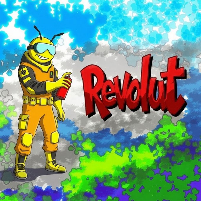A cartoon bee character in orange overalls and goggles holds a spray paint can, with the word "Revolut" rendered in red graffiti-style lettering amid a backdrop of colorful blue, green, and white paint splatters.

The graffiti aesthetic and spray paint imagery visually reinforce the post's theme of Revolut's explosive growth and its new onchain/tokenized representation as a real-world asset (RWA) on BNB Chain.