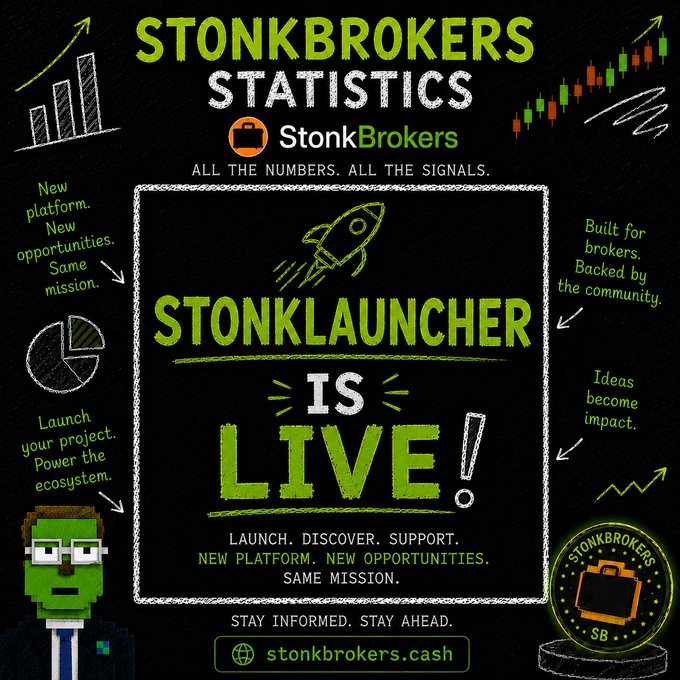 A promotional graphic for StonkBrokers announces 'STONKLAUNCHER IS LIVE!' with chalkboard-style design featuring a rocket illustration and a green pixelated character.