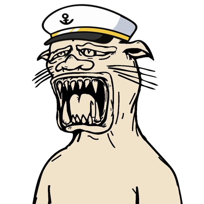 A crude cartoon drawing of a menacing sailor with an exaggerated open mouth full of sharp teeth wearing a white captain's hat.
