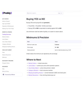 A screenshot of the "(Probly)" website displaying information about trading stocks, including sections on "Buying YES vs NO" and "Minimums & Precision".