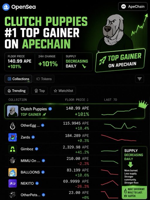 A promotional graphic on OpenSea highlighting "Clutch Puppies" as the #1 top gainer on ApeChain, showing a floor price of 140.99 APE with a +101% 24-hour increase and decreasing daily supply, alongside trending collections like OtherEgg, Zards, Gimboz, MIMU On, BALLOONS, and NEKITO. The image directly supports the post by showcasing Clutch Puppies' surging value and scarcity on ApeChain, reinforcing their status as a desirable NFT holding for accessing the StonkBrokers whitelist.