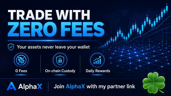 A promotional banner for a crypto trading platform called AlphaX, advertising 'TRADE WITH ZERO FEES' with features like '0 Fees', 'On-chain Custody', and 'Daily Rewards', along with the text 'Join AlphaX with my partner link'.
