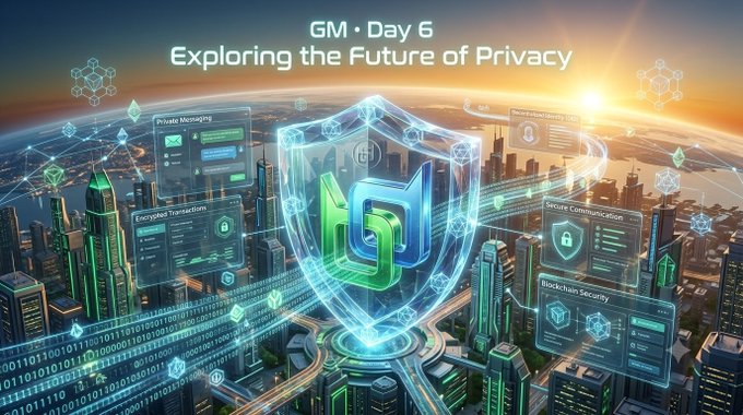 A digital graphic titled 'GM • Day 6: Exploring the Future of Privacy' shows a futuristic city with a central shield logo and floating interfaces for 'Private Messaging', 'Encrypted Transactions', and 'Secure Communication'.