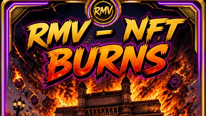 A vibrant, fiery graphic banner reading 'RMV - NFT BURNS' with flames engulfing a building and an RMV logo at the top.