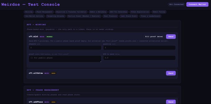A 'Weirdos - Test Console' interface for NFT minting, with fields for 'phaseLimit' and 'fill proof', alongside an 'nft.withdraw' form.