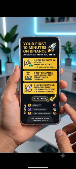 The image shows a person holding a smartphone displaying a graphic titled "Your First 10 Minutes on Binance Are Easier Than You Think," which outlines three steps for beginners: completing KYC verification, doing a small test deposit, and using Binance Convert for instant swaps. The graphic also includes a "Start Now" button, positive reviews like "So easy!" and "Finally made my move," and a prompt asking "Are you ready to run your first test?"—directly supporting the post's message that beginners can navigate Binance simply without needing advanced financial knowledge.