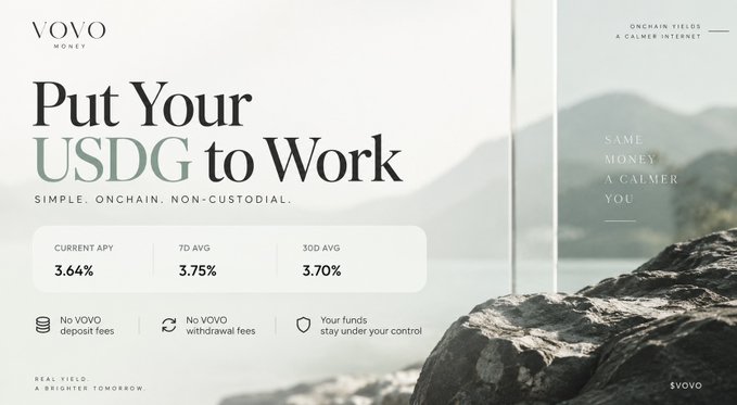 A promotional graphic for 'VOVO MONEY' titled 'Put Your USDG to Work' advertising onchain yields with a current APY of 3.64%, 7D avg of 3.75%, and 30D avg of 3.70%, promoting non-custodial deposit features against a backdrop of rocks and water.