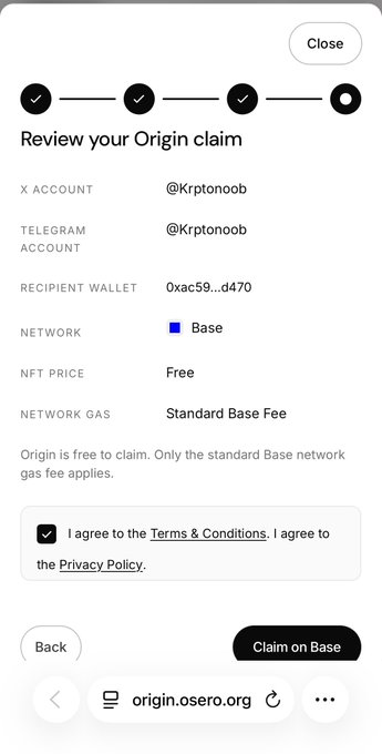 A 'Review your Origin claim' interface from origin.osero.org for user '@Krp tonoob', showing a free NFT claim on the Base network, with options to 'Back' or 'Claim on Base'.
