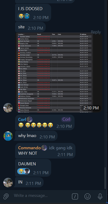 A Discord chat screenshot shows users reacting to a server status page with 'Construction World Join!' errors, with messages like 'I JS DDOSED,' 'why lmao,' and 'DAUMEN IN.'
