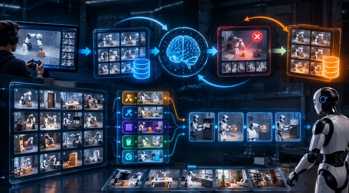 A futuristic concept image showing AI-powered video generation, featuring a person gaming, a brain icon, a humanoid robot, and various screens displaying video clips.