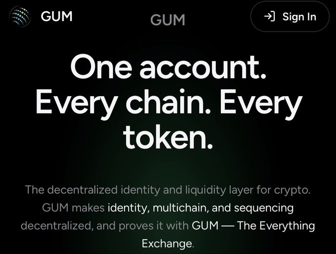 The image shows the GUM website homepage with the tagline "One account. Every chain. Every token." and describes it as "The decentralized identity and liquidity layer for crypto." This relates to the post announcing that Jupiter Exchange will launch GUM's private beta on July 6th, marking a transition to "web4."