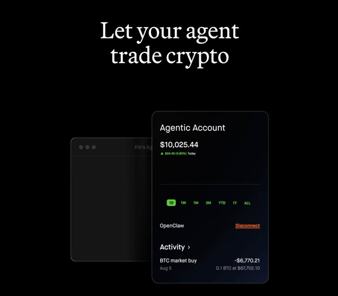 A promotional graphic with the headline "Let your agent trade crypto" featuring a mockup of a Robinhood app interface showing an "Agentic Account" with a balance of $10,025.44 and recent BTC market buy activity, highlighting Robinhood's new agentic crypto trading feature.