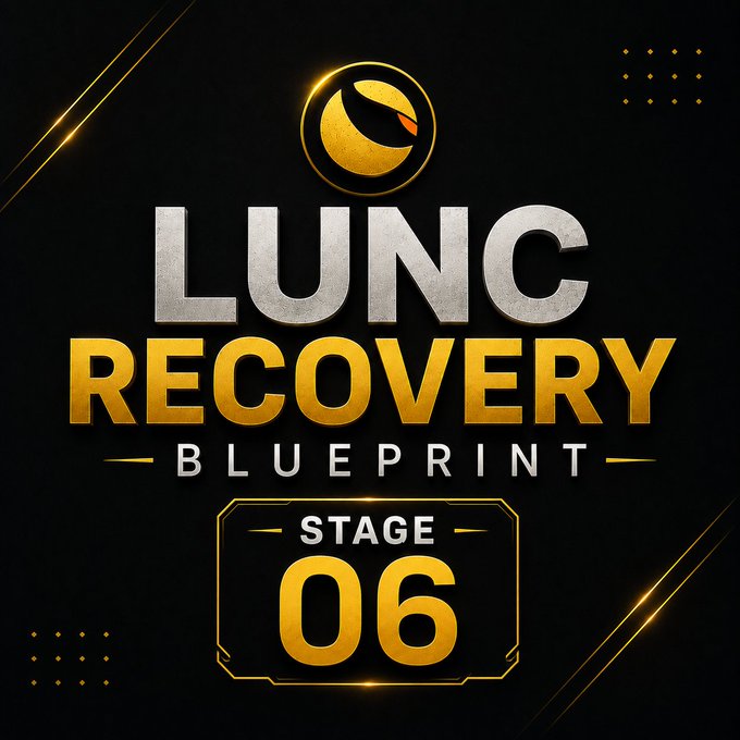 A promotional graphic with a black and gold theme displaying 'LUNC RECOVERY BLUEPRINT' with 'STAGE 06' below, featuring a circular gold logo at the top.