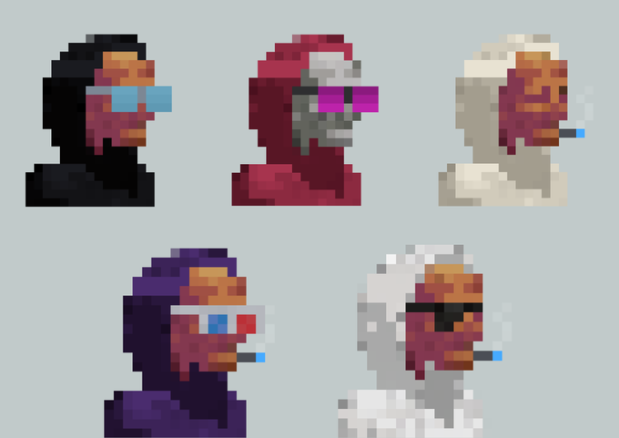 Five pixel art character portraits wearing colorful hooded robes and futuristic visor glasses in black, red, white, purple, and gray.