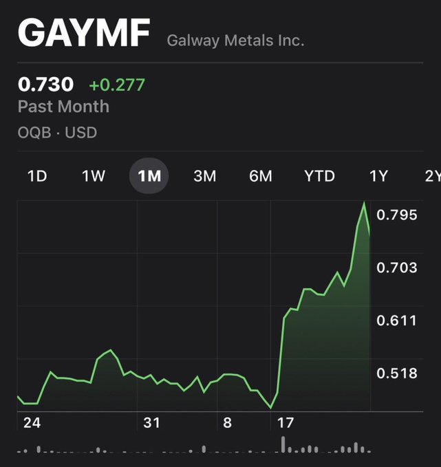 A stock chart for GAYMF (Galway Metals Inc.) on OQB in USD showing a price of 0.730, up +0.277 over the past month, with a sharp upward spike on the graph.