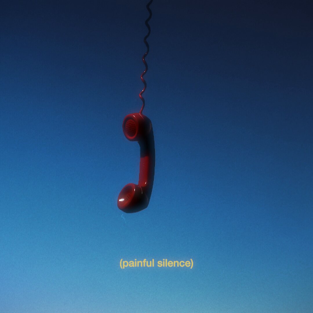 The image features a red telephone hanging from a wire against a blue sky background, with the words "painful Silence" written below it. The phone appears to be suspended or floating in mid-air, creating an interesting visual effect. The text "telephone (painful silence)" suggests that the image is related to the concept of communication and how it can sometimes lead to pain or discomfort for individuals involved.