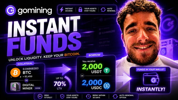 A promotional image for gomining advertising 'INSTANT FUNDS' with the tagline 'UNLOCK LIQUIDITY. KEEP YOUR BITCOIN,' showing a collateralization diagram and a smiling man on the right.