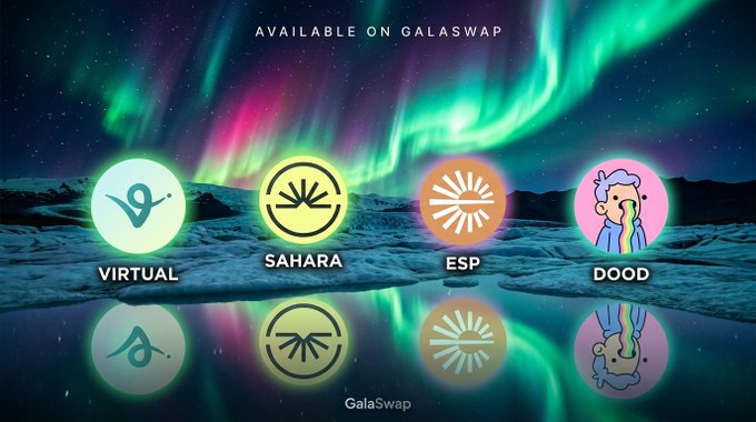 A promotional banner with the text "AVAILABLE ON GALASWAP" showcases the logos of four new tokens—VIRTUAL, SAHARA, ESP, and DOOD—against a vibrant aurora borealis backdrop, announcing their availability for swapping on the GalaSwap platform via GalaChain, as referenced by the "GalaSwap" watermark at the bottom.