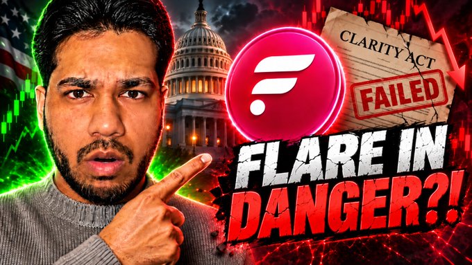 A man points at a graphic featuring the Flare logo with text 'CLARITY ACT FAILED' and 'FLARE IN DANGER?!' against a backdrop of the US Capitol.
