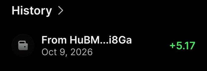 A screenshot of a digital wallet history section displays a transaction dated 'Oct 9, 2026' from a wallet address beginning 'HuBM...' ending in 'i8Ga', showing a green '+5.17' amount received.