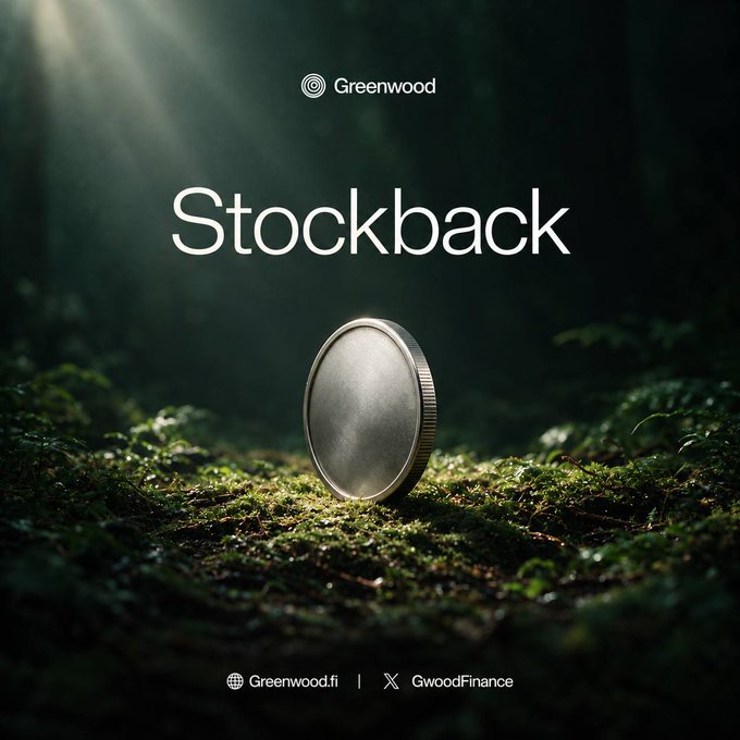 A Greenwood Finance promotional graphic titled 'Stockback' shows a coin standing on moss in a forest setting, with social handles Greenwood.fi and GwoodFinance at the bottom.