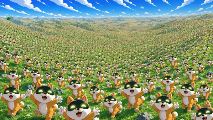 AI-generated or stylized illustration of countless identical cartoon orange and white cats with glowing green sunglasses smiling and waving in a green field under a blue sky.