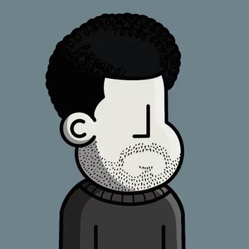 A cartoon illustration of a bearded man with curly hair in profile against a gray background.
