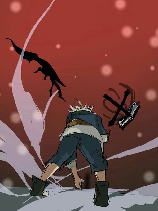 An anime-style illustration showing a blonde character in a blue outfit and boots leaning back on a snowy surface, with a dark shadowy figure and a mechanical device floating in the red, particle-filled background.