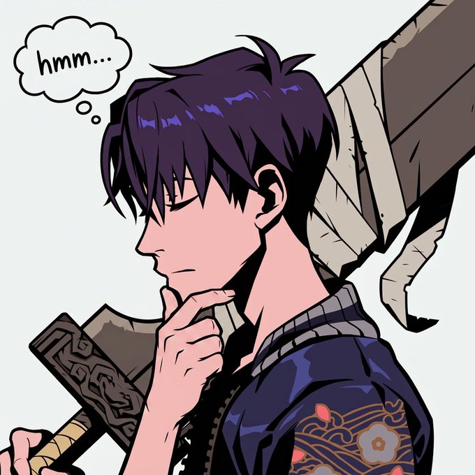 A young man with dark purple hair poses thoughtfully with his hand on his chin, accompanied by a "hmm..." thought bubble, carrying a large sword over his shoulder. The image serves as a demonstration of the $HMM PFP generator, which transforms profile pictures into "thinking" anime-style versions while preserving the subject's original aesthetic.