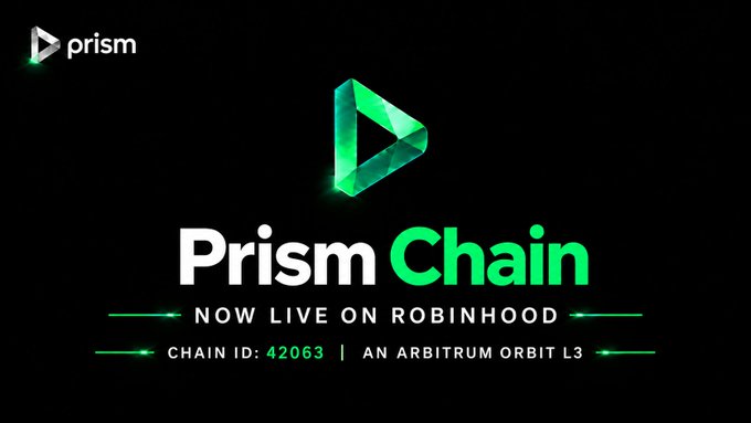 A promotional graphic for 'Prism Chain' featuring a green logo and text announcing it is 'NOW LIVE ON ROBINHOOD' with Chain ID 42063 as an Arbitrum Orbit L3.