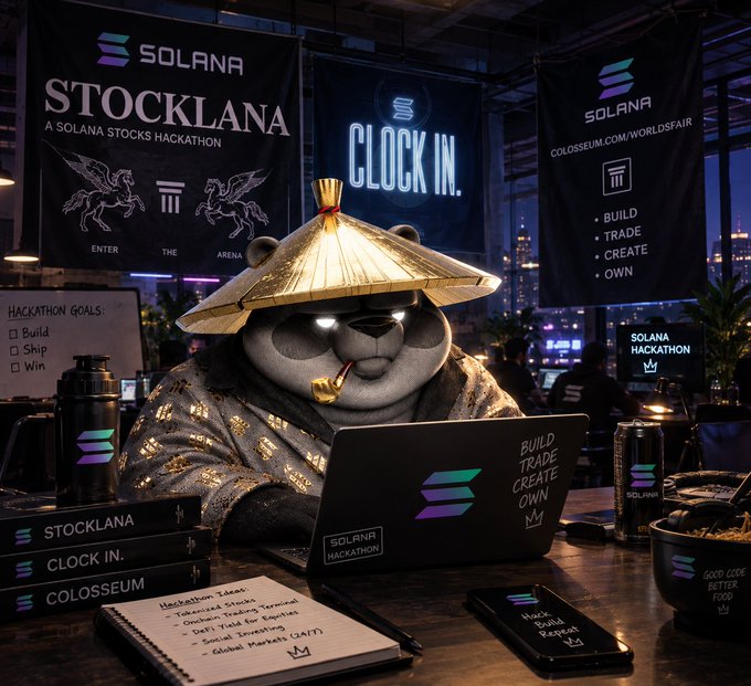 A panda mascot wearing a conical Asian hat sits at a laptop during the "STOCKLANA - A Solana Stocks Hackathon," surrounded by banners reading "SOLANA," "CLOCK IN," and "BUILD • TRADE • CREATE • OWN" at COLOSSEUM.COM/WORLDSFAIR. The image ties to the post's "GM AND NAMASTE" greeting by merging the "GM" (Good Morning crypto lingo) with the "Namaste" suggested by the panda's namaste-like pose and straw hat, capturing the global, meditative vibe of building on Solana during the hackathon.
