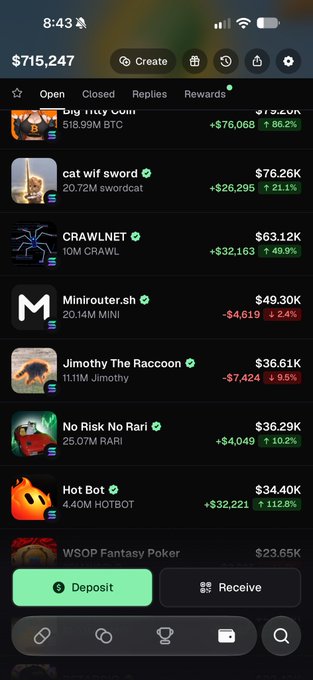 A cryptocurrency portfolio app shows holdings including Buy May Coin ($518.99M BTC, +$76,068 / 56.2%), cat wif sword (+31.1%), CRAWLNET (+49.9%), Minirouter.sh down 24% to $49.30K, Jimothy The Raccoon down 9.5%, No Risk No Rari up 10.2%, and Hot Bot up 112.8%, with the post highlighting Minirouter's discount and the recent gains across the portfolio.